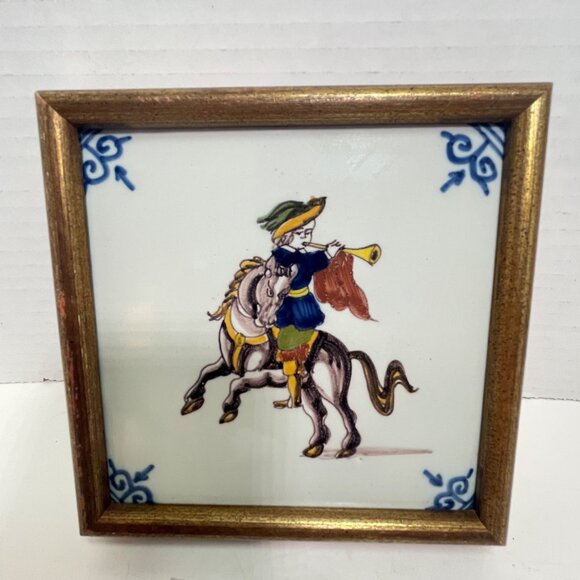 Vintage Royal Makkum Tichelaar Ceramic Tile Painting with Gold Wooden Frame - Picture 1 of 11